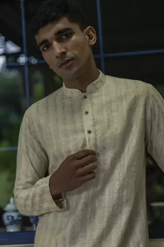 Beige embroidered silk kurta pajama