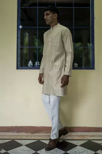Beige embroidered silk kurta pajama