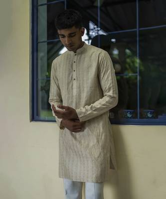 Beige embroidered silk kurta pajama 4