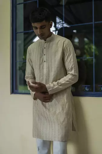 Beige embroidered silk kurta pajama