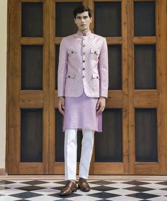 Pink embroidered linen kurta jacket set 1