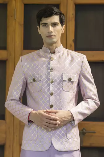 Pink embroidered linen kurta jacket set