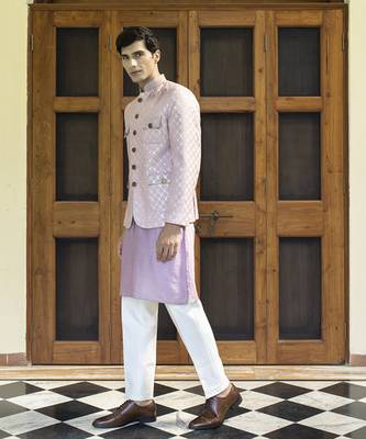 Pink embroidered linen kurta jacket set 3