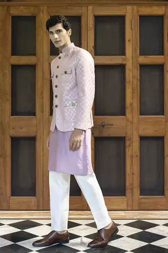 Pink embroidered linen kurta jacket set