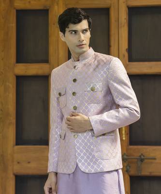 Pink embroidered linen kurta jacket set 5
