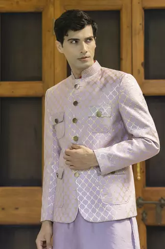 Pink embroidered linen kurta jacket set
