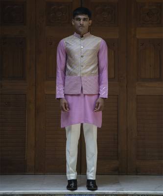 Pink embroidered banarasi kurta jacket set 1