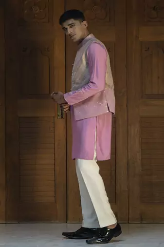 Pink embroidered banarasi kurta jacket set