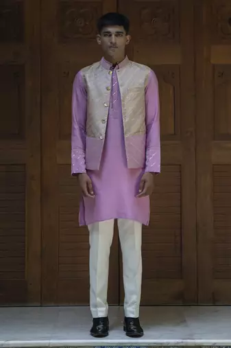 Pink embroidered banarasi kurta jacket set