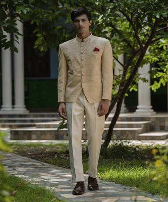 Beige embroidered linen bandhgala suit 1