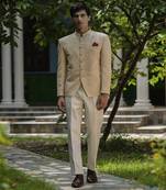 Beige embroidered linen bandhgala suit