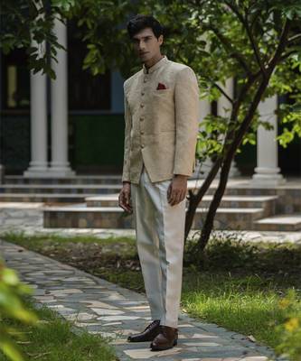 Beige embroidered linen bandhgala suit 2