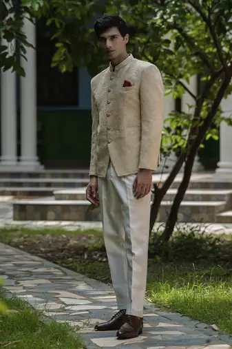 Beige embroidered linen bandhgala suit