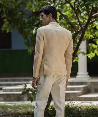 Beige embroidered linen bandhgala suit 3