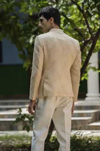 Beige embroidered linen bandhgala suit