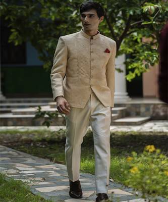 Beige embroidered linen bandhgala suit 4