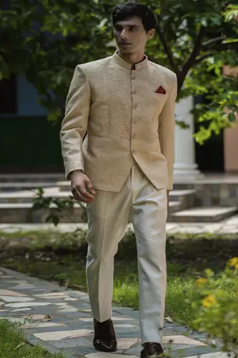 Beige embroidered linen bandhgala suit