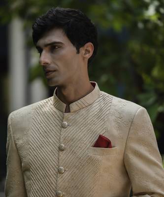 Beige embroidered linen bandhgala suit 5