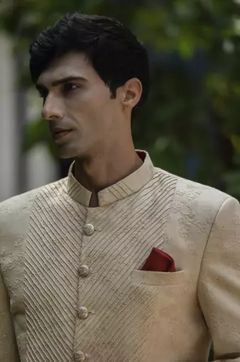 Beige embroidered linen bandhgala suit