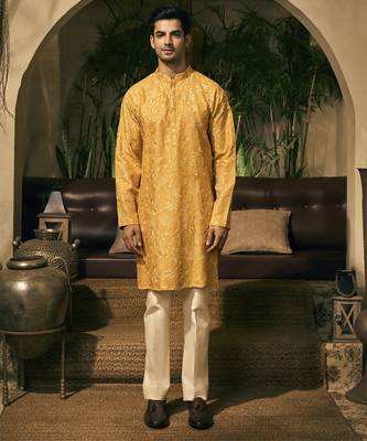 Yellow embroidery cotton silk kurta pajama 1