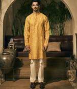 Yellow embroidery cotton silk kurta pajama