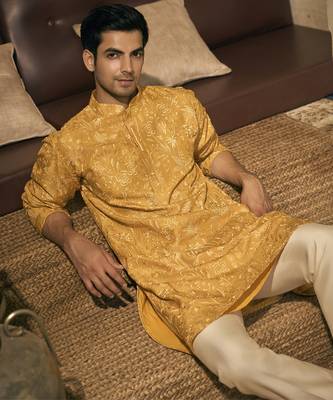 Yellow embroidery cotton silk kurta pajama 2