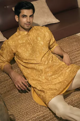 Yellow embroidery cotton silk kurta pajama