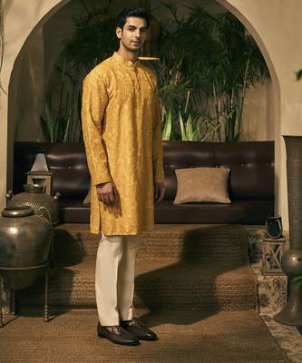 Yellow embroidery cotton silk kurta pajama 3