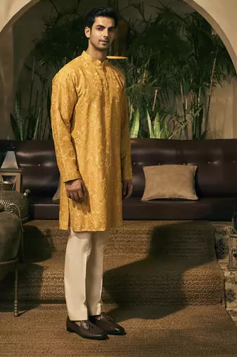 Yellow embroidery cotton silk kurta pajama