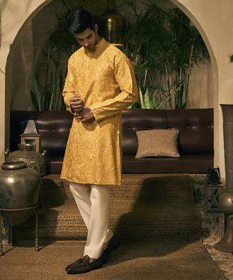 Yellow embroidery cotton silk kurta pajama 4