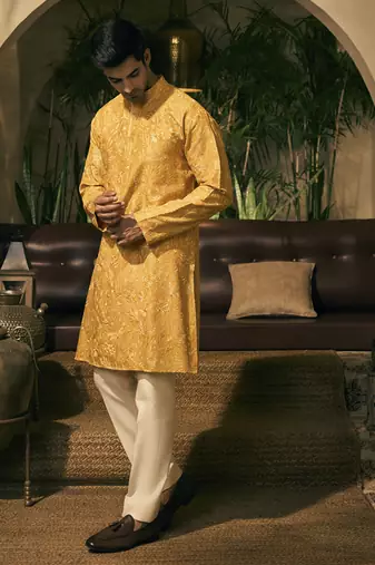Yellow embroidery cotton silk kurta pajama