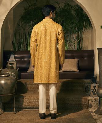 Yellow embroidery cotton silk kurta pajama 5