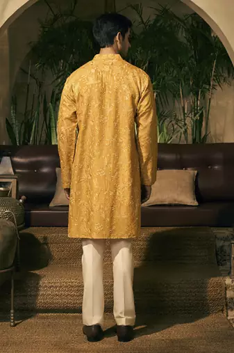 Yellow embroidery cotton silk kurta pajama