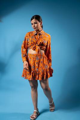 Orange floral crop top and ruffled skirt set 1