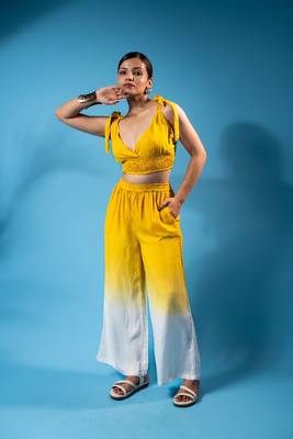 Mustard yellow tie-up smocked top & ombre pants co-ord set 1