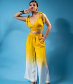 Mustard yellow tie-up smocked top & ombre pants co-ord set