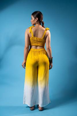 Mustard yellow tie-up smocked top & ombre pants co-ord set 2