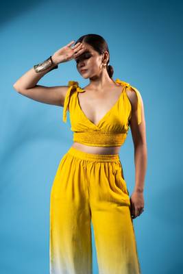 Mustard yellow tie-up smocked top & ombre pants co-ord set 3