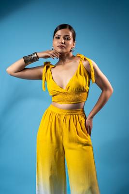 Mustard yellow tie-up smocked top & ombre pants co-ord set 4