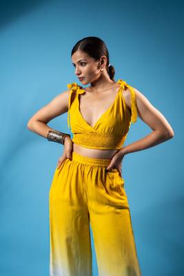 Mustard yellow tie-up smocked top & ombre pants co-ord set 5