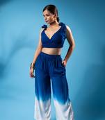 Blue tie-up smocked top & ombre pants co-ord set