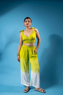 Lime green tie-up smocked top & ombre pants co-ord set 1
