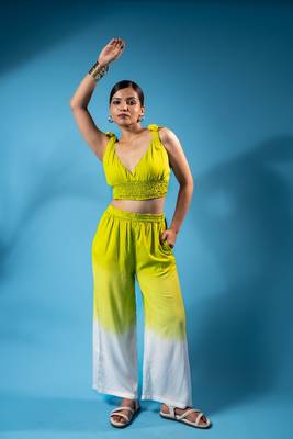 Lime green tie-up smocked top & ombre pants co-ord set 2