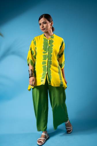 Yellow green tie-dye kaftan shirt & solid pants co-ord set