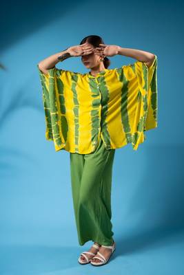 Yellow green tie-dye kaftan shirt & solid pants co-ord set 2