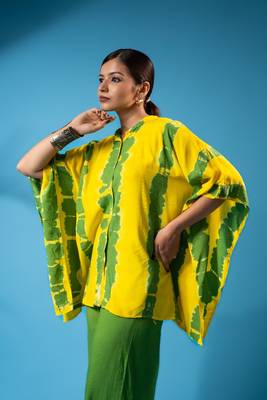 Yellow green tie-dye kaftan shirt & solid pants co-ord set 3