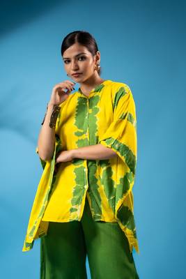 Yellow green tie-dye kaftan shirt & solid pants co-ord set 4