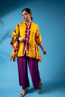 Yellow magenta tie-dye kaftan shirt & solid pants co-ord set 1