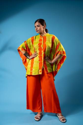 Lime orange tie-dye kaftan shirt & solid pants co-ord set