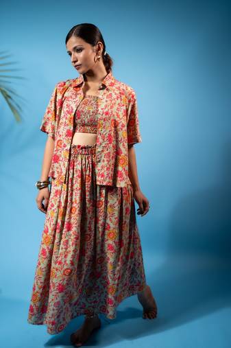 Tan floral shirt, smocked tube top & flowy skirt co-ord set